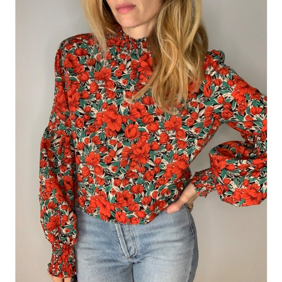 Vintage Floral Rose Cropped Puff Sleeve 70s Style Statement Party Blouse - Picture 6 of 15